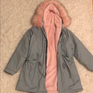 Faux Fur Trim Drawstring Fleece inside Hooded Coat